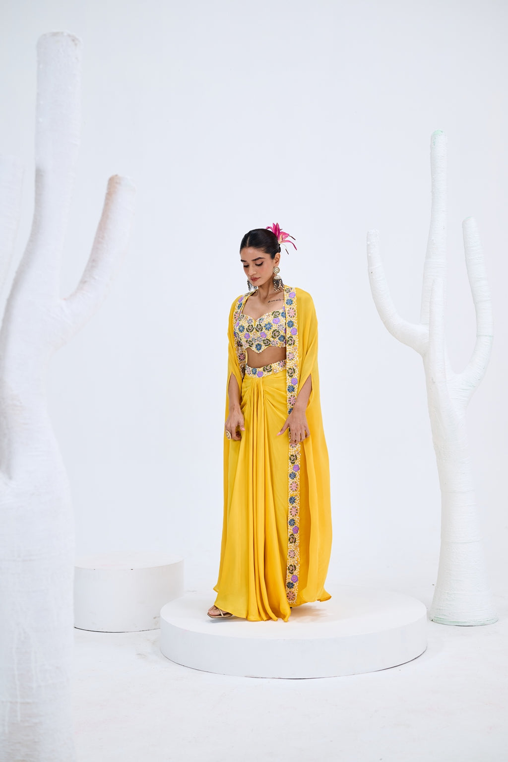 YELLOW DHOTI BLOUSE CAPE SET