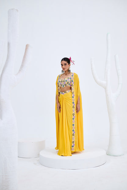 YELLOW DHOTI BLOUSE CAPE SET