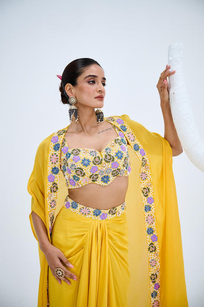 YELLOW DHOTI BLOUSE CAPE SET