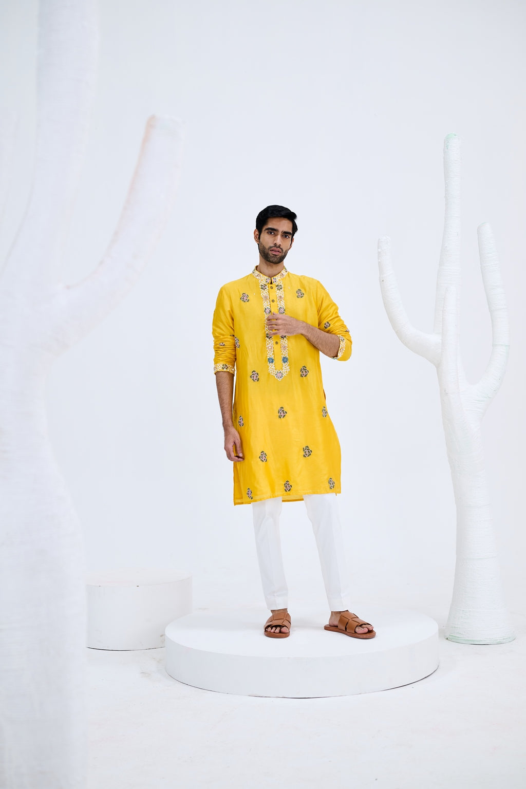 YELLOW KURTA SET WITH WHITE PANTS