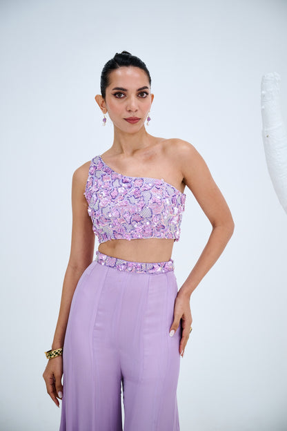 LAVENDER PANEL EMBROIDERED PANTS WITH ONE SHOULDER CROP TOP SET