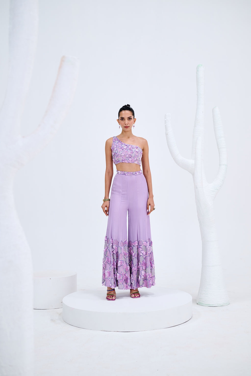 LAVENDER PANEL EMBROIDERED PANTS WITH ONE SHOULDER CROP TOP SET