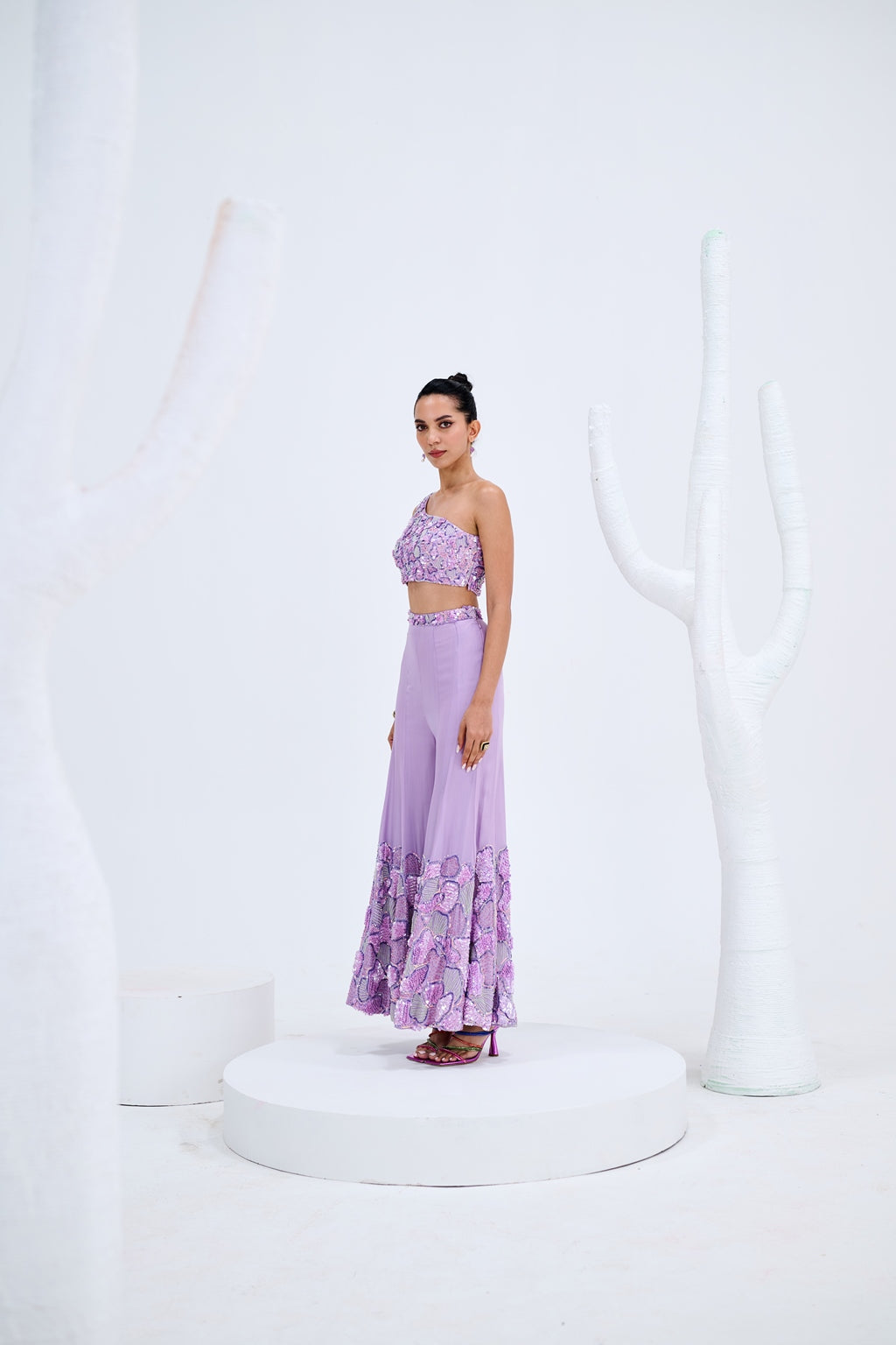 LAVENDER PANEL EMBROIDERED PANTS WITH ONE SHOULDER CROP TOP SET