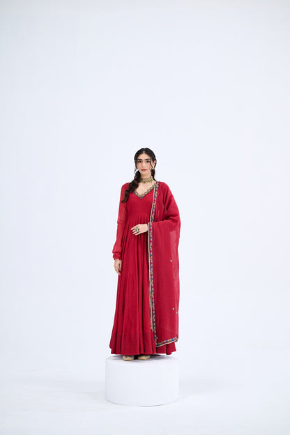 RED ANARKALI WITH MULCHANDERI DUPATTA