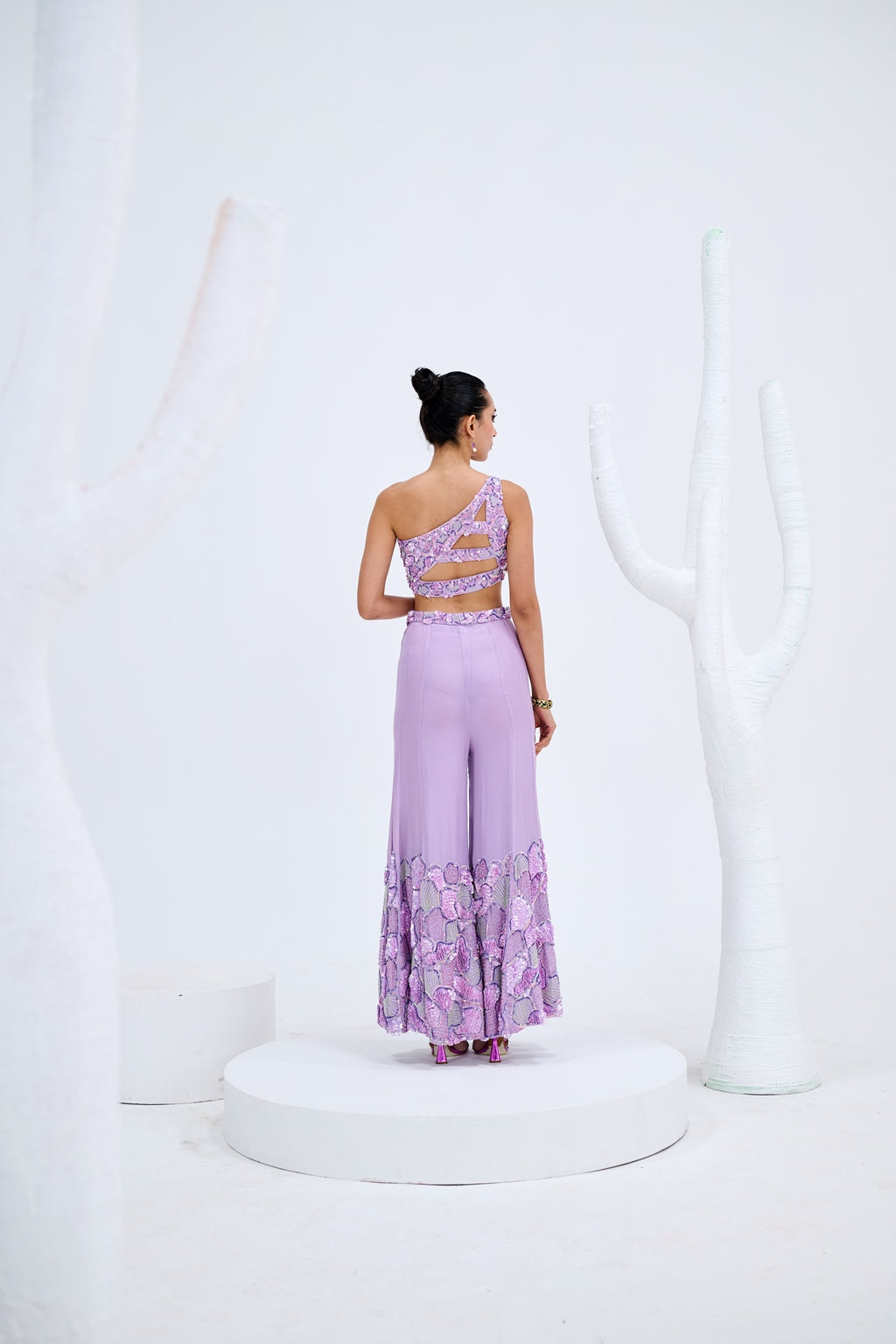 LAVENDER PANEL EMBROIDERED PANTS WITH ONE SHOULDER CROP TOP SET