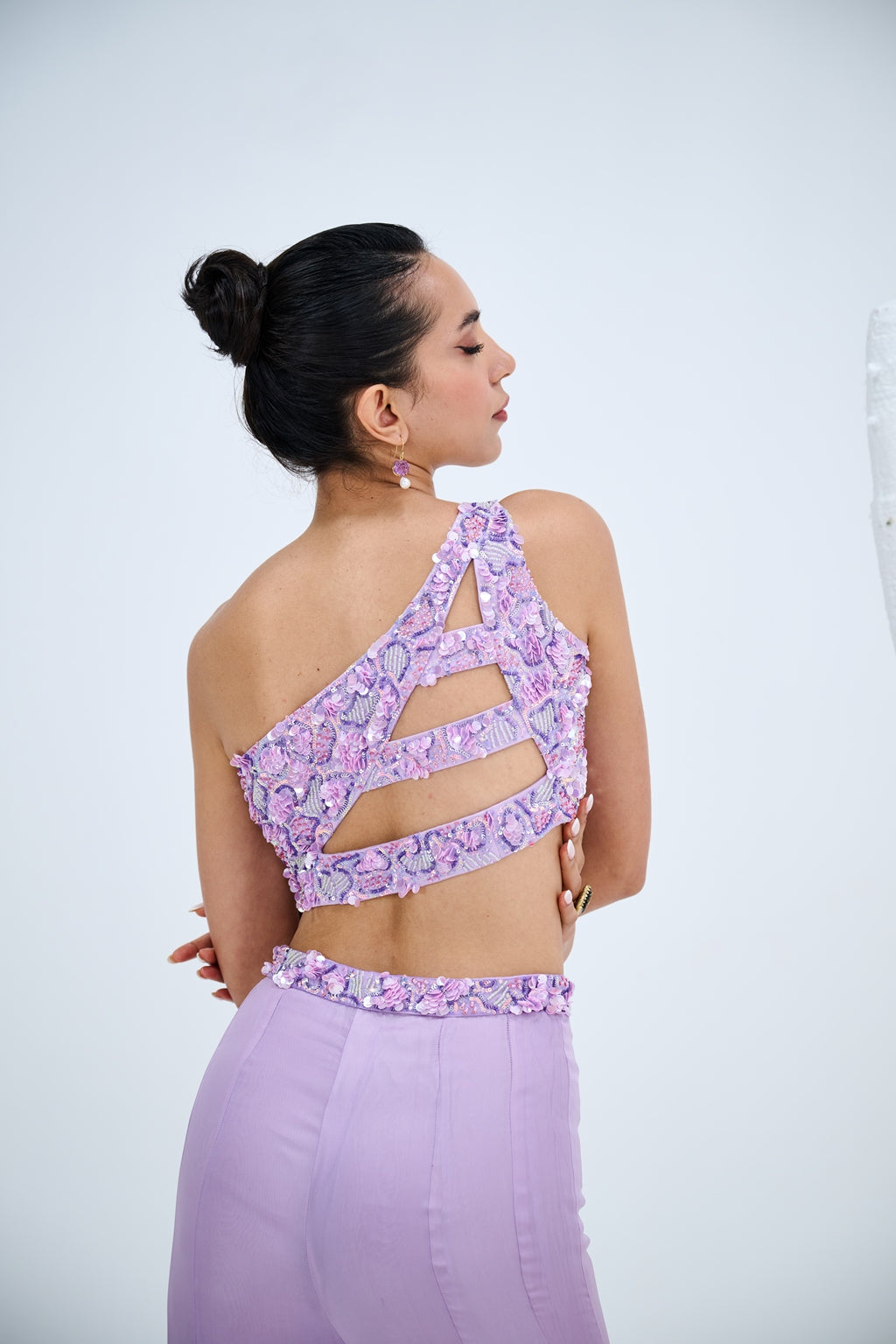 LAVENDER PANEL EMBROIDERED PANTS WITH ONE SHOULDER CROP TOP SET