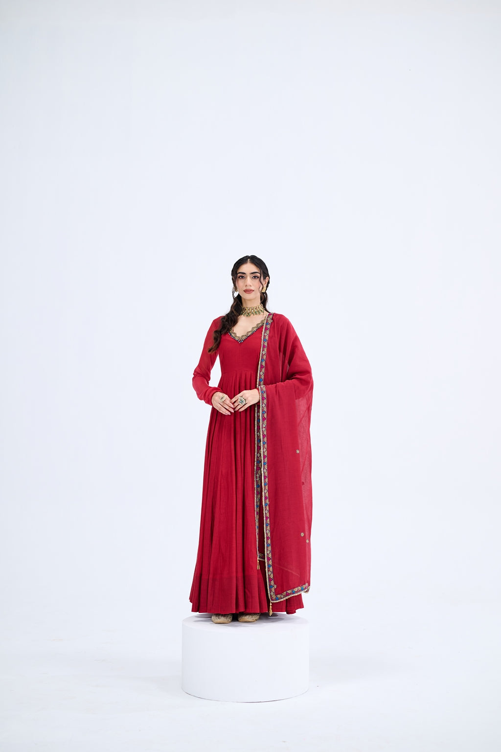 RED ANARKALI WITH MULCHANDERI DUPATTA