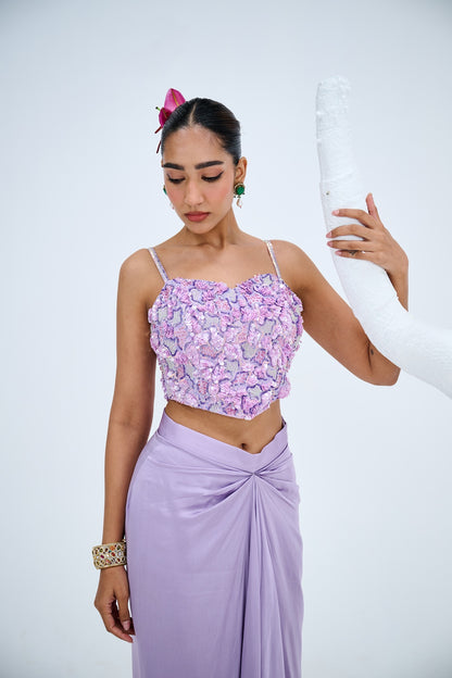 LAVENDER COWL SKIRT PAIRED WITH EMBELISHED CORSET TOP