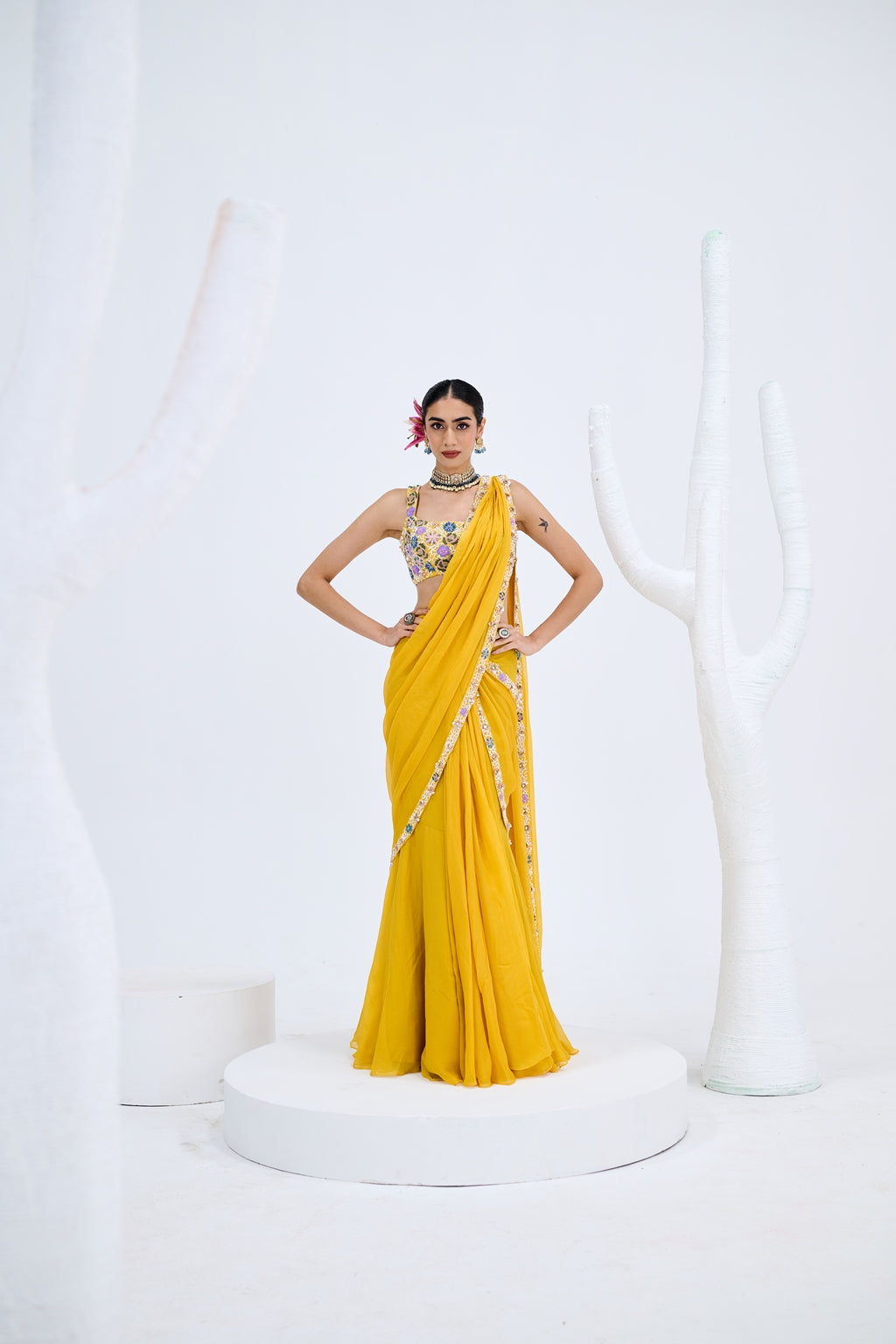 YELLOW PRE DRAPED SAREE WITH EMBROIDERED BLOUSE