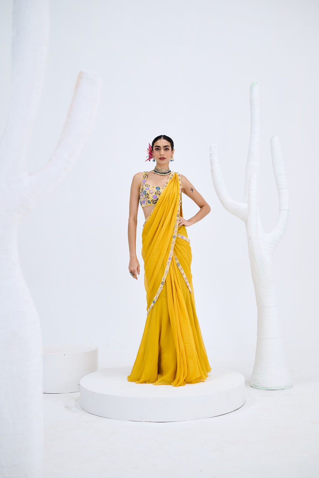 YELLOW PRE DRAPED SAREE WITH EMBROIDERED BLOUSE