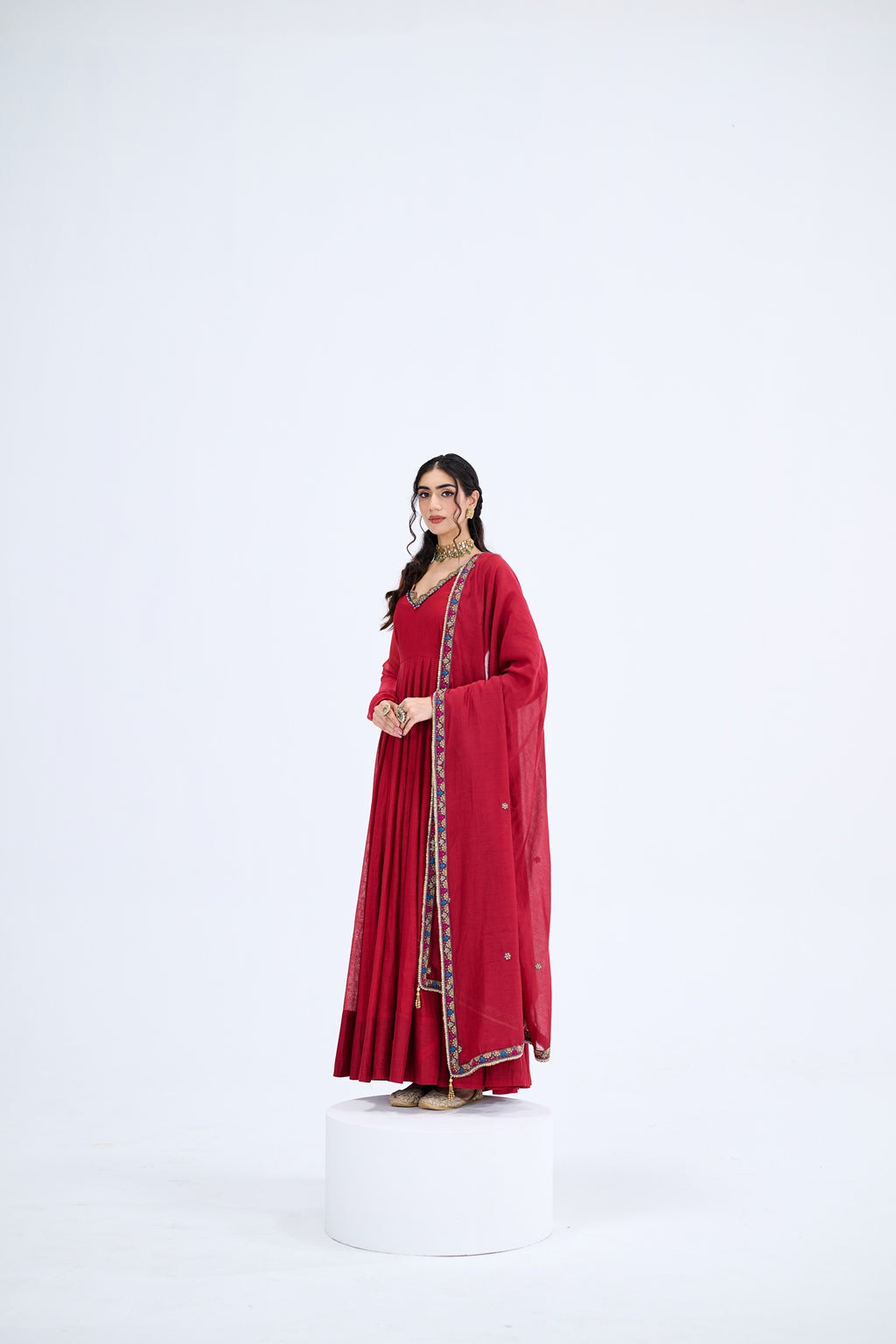 RED ANARKALI WITH MULCHANDERI DUPATTA