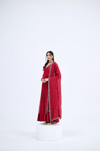 RED ANARKALI WITH MULCHANDERI DUPATTA