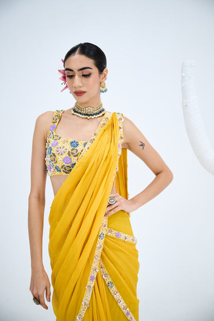 YELLOW PRE DRAPED SAREE WITH EMBROIDERED BLOUSE