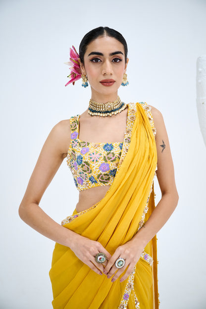 YELLOW PRE DRAPED SAREE WITH EMBROIDERED BLOUSE