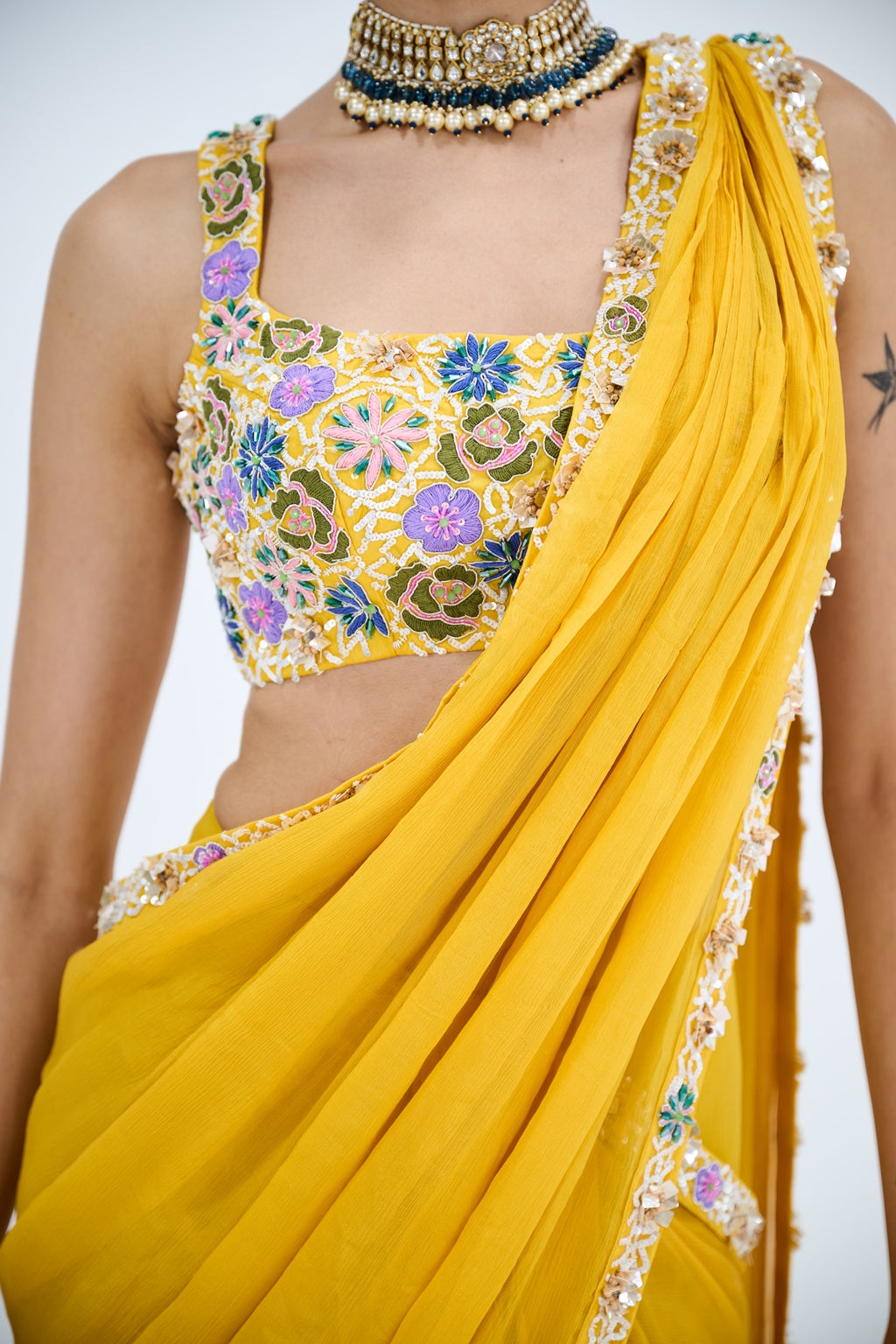 YELLOW PRE DRAPED SAREE WITH EMBROIDERED BLOUSE