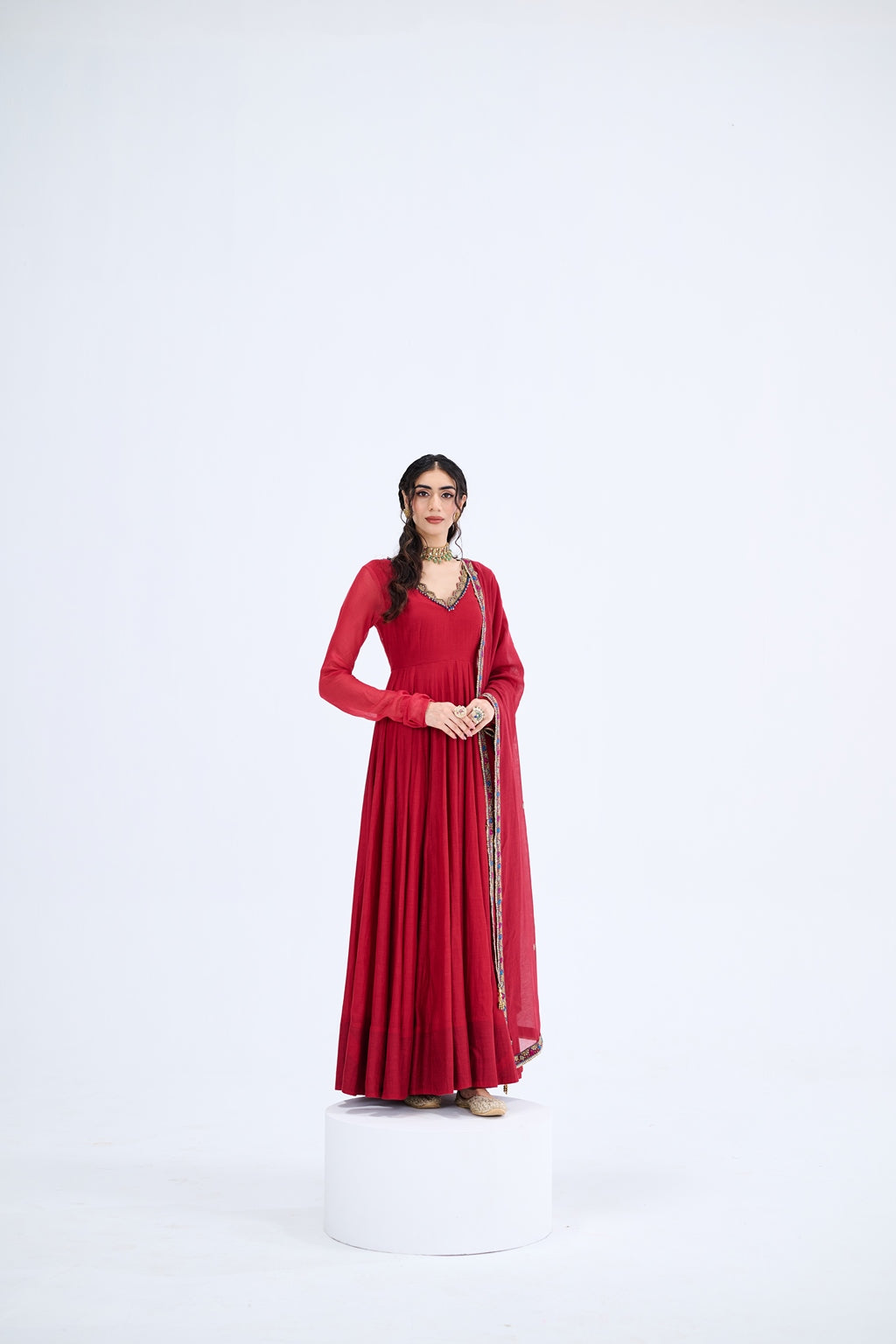 RED ANARKALI WITH MULCHANDERI DUPATTA