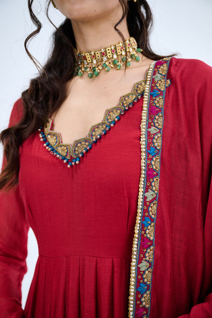 RED ANARKALI WITH MULCHANDERI DUPATTA