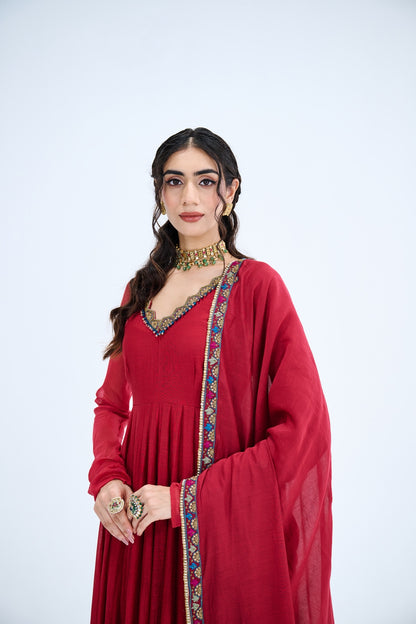 RED ANARKALI WITH MULCHANDERI DUPATTA