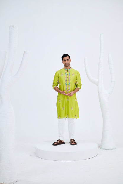 LIGHT GREEN BOOTA KURTA SET PAIRED WITH WHITE PANTS