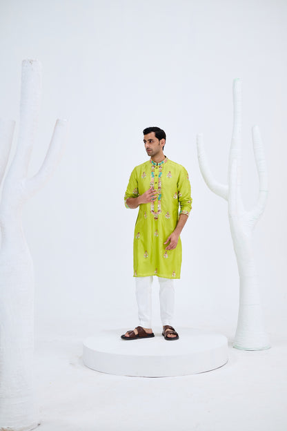 LIGHT GREEN BOOTA KURTA SET PAIRED WITH WHITE PANTS