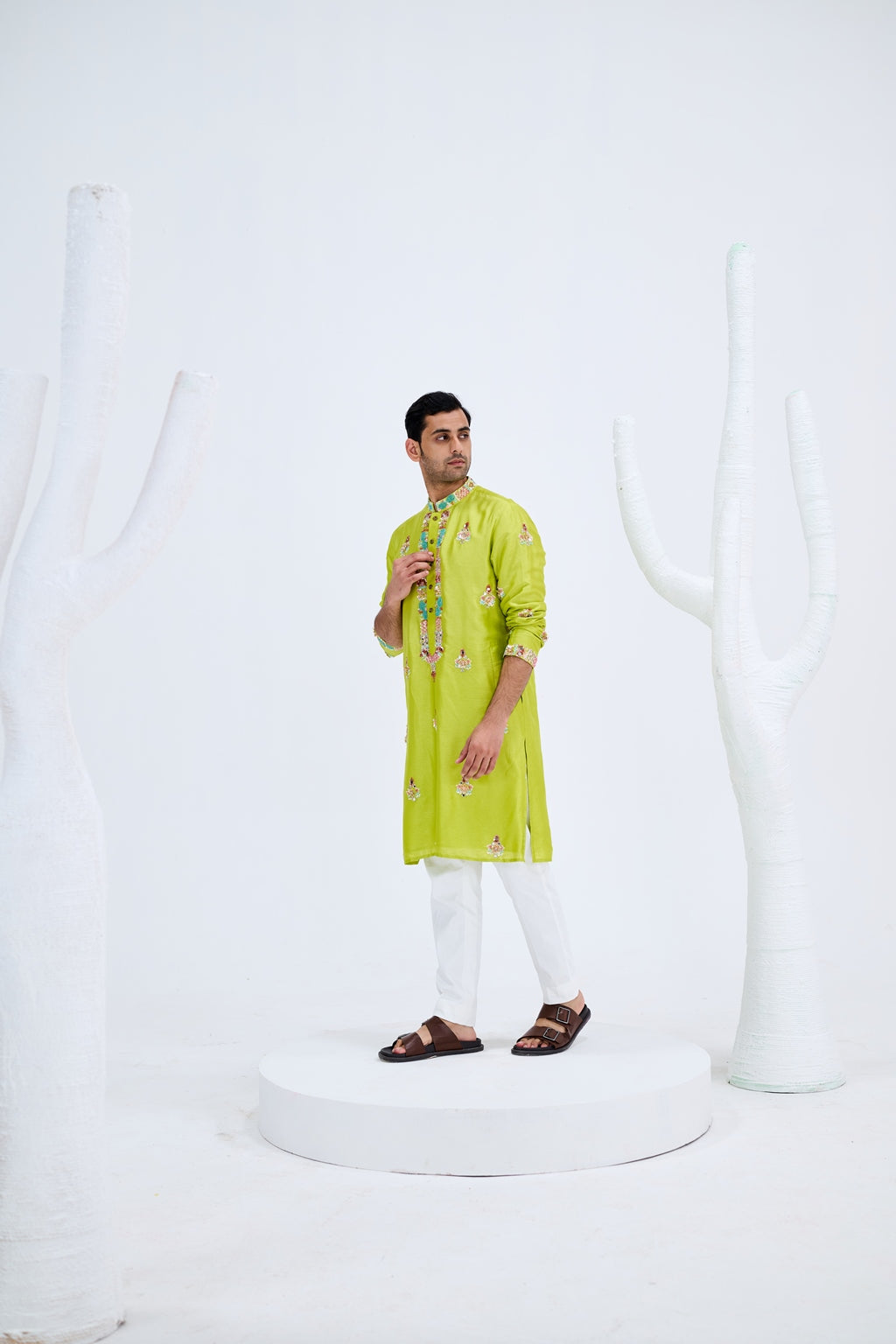 LIGHT GREEN BOOTA KURTA SET PAIRED WITH WHITE PANTS