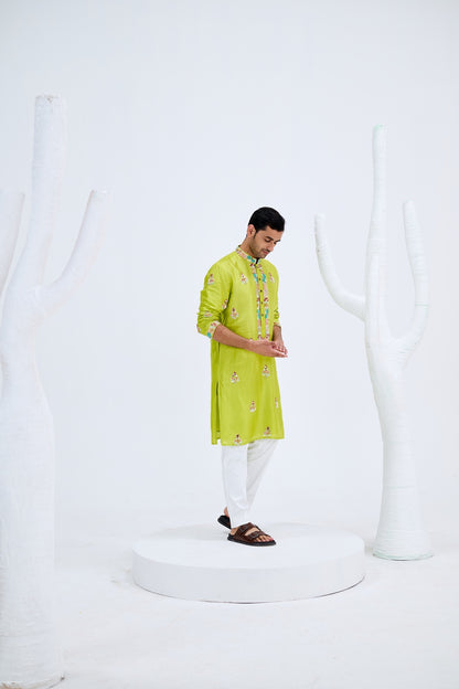 LIGHT GREEN BOOTA KURTA SET PAIRED WITH WHITE PANTS