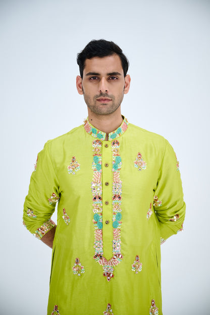 LIGHT GREEN BOOTA KURTA SET PAIRED WITH WHITE PANTS