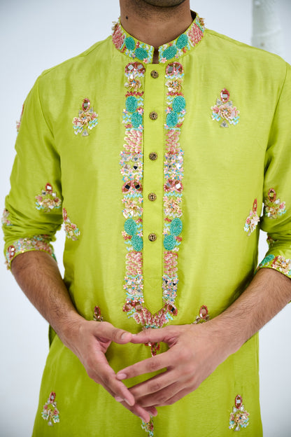 LIGHT GREEN BOOTA KURTA SET PAIRED WITH WHITE PANTS