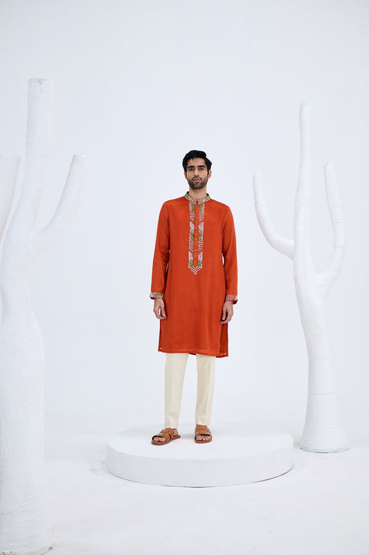 RUST ORANGE EMBROIDERED KURTA