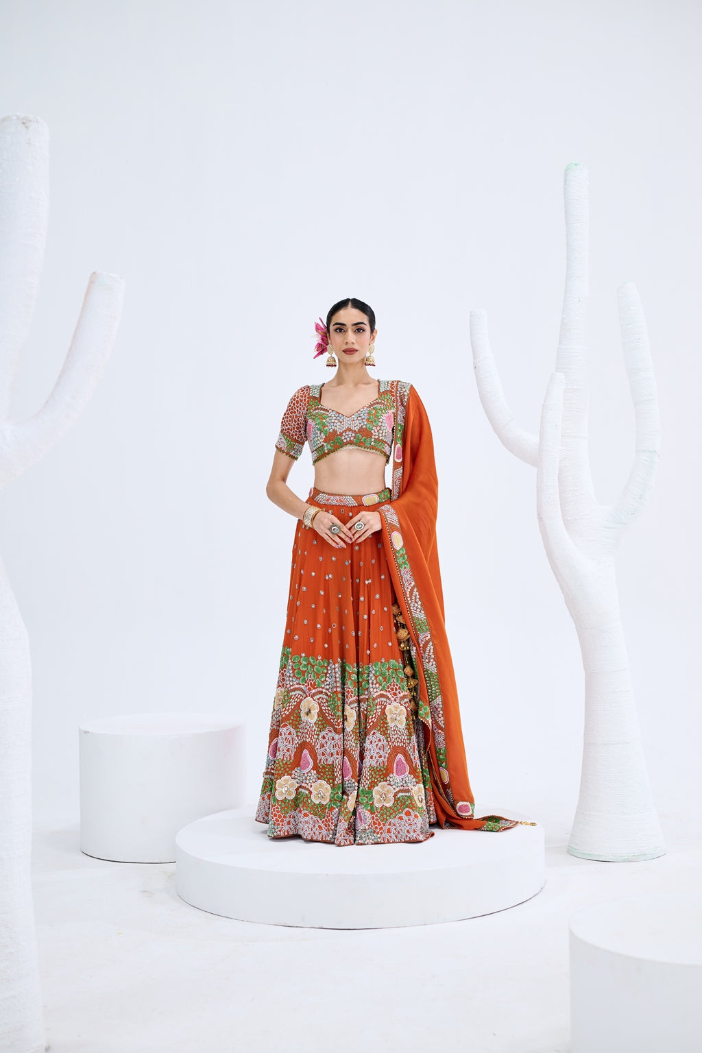 RUST ORANGE EMBROIDERED LEHENGA