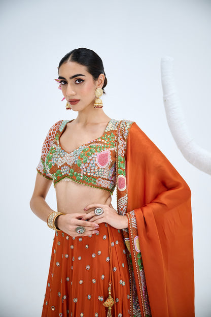 RUST ORANGE EMBROIDERED LEHENGA