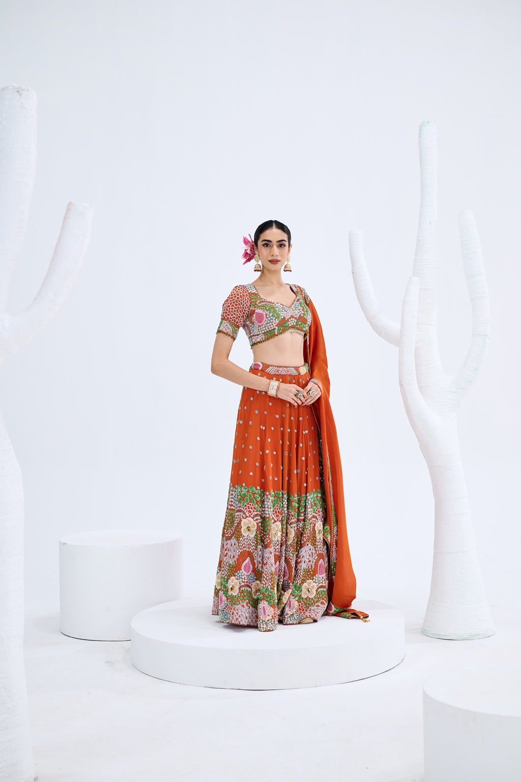 RUST ORANGE EMBROIDERED LEHENGA