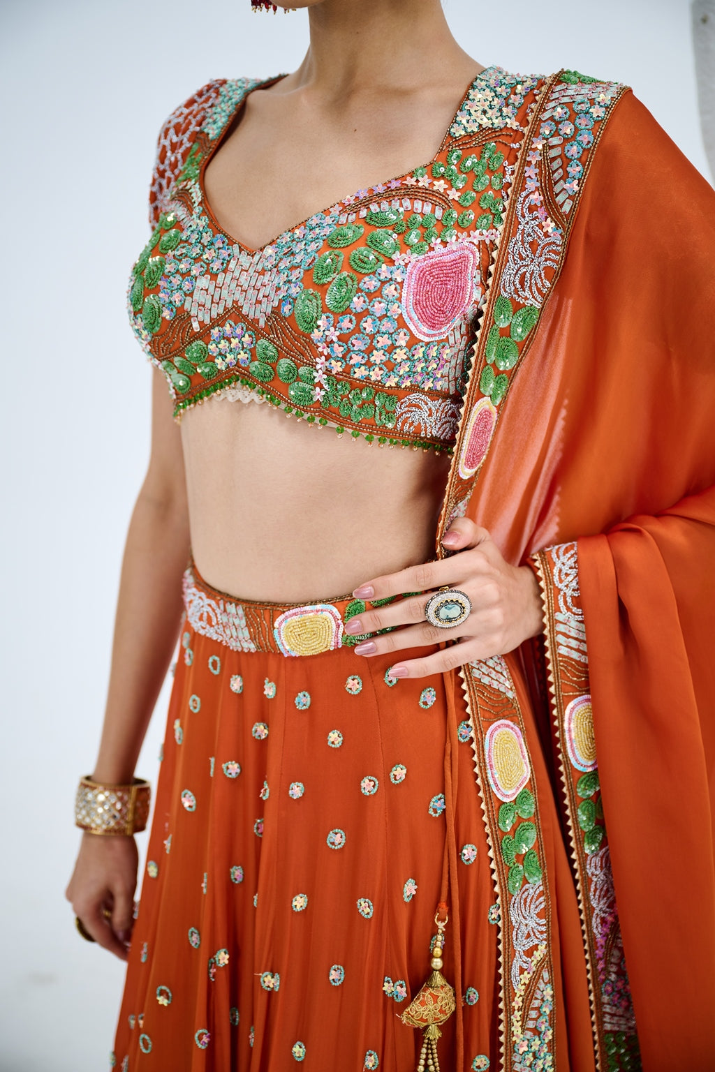 RUST ORANGE EMBROIDERED LEHENGA