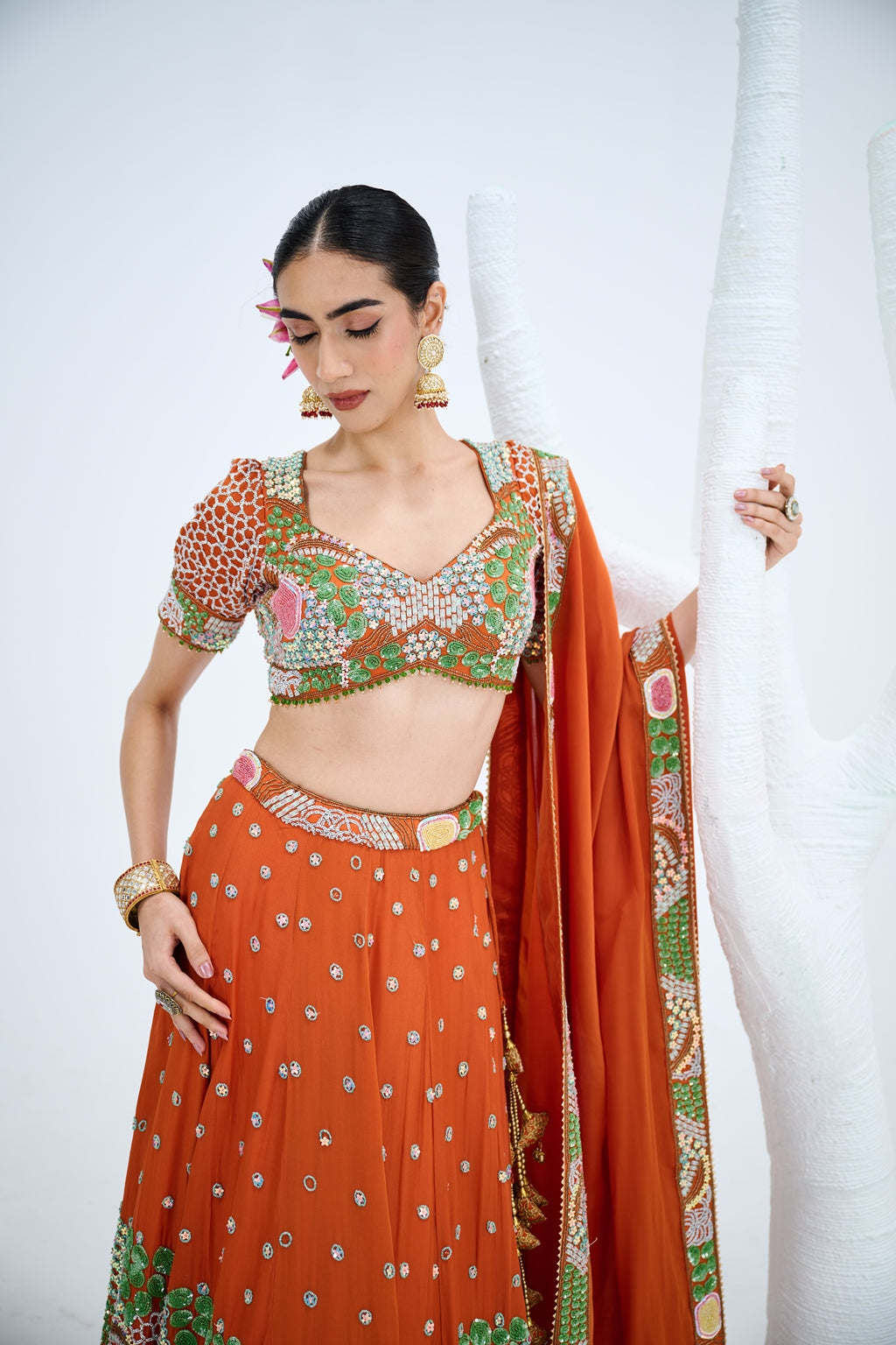 RUST ORANGE EMBROIDERED LEHENGA