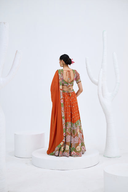 RUST ORANGE EMBROIDERED LEHENGA