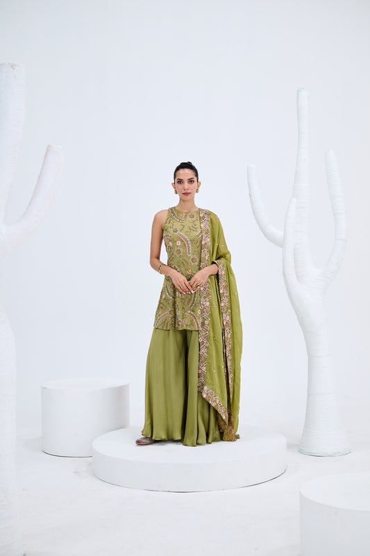 OLIVE GREEN SHARARA PAIRED WITH CUT WORK DUPATTA