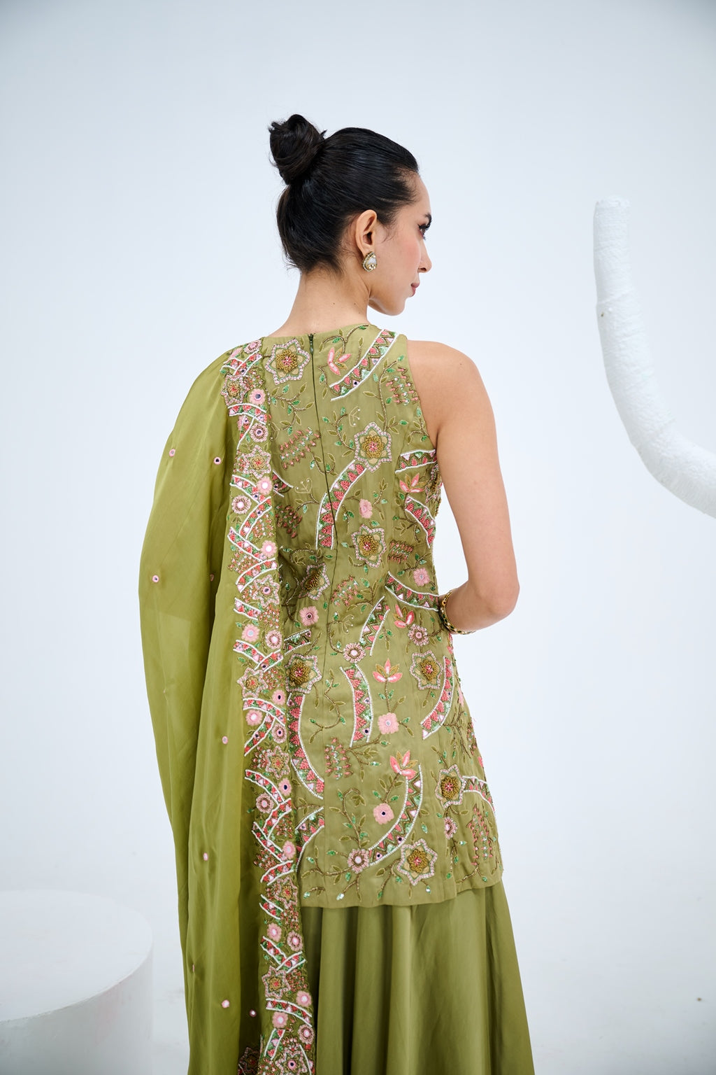 OLIVE GREEN SHARARA PAIRED WITH CUT WORK DUPATTA