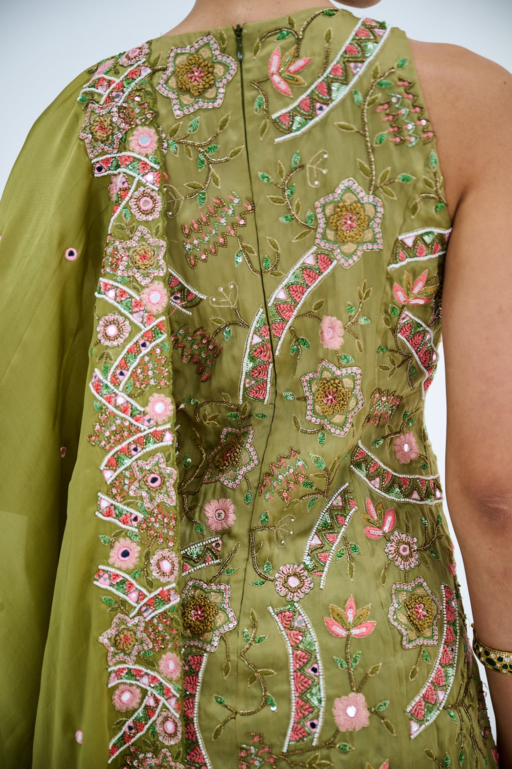 OLIVE GREEN SHARARA PAIRED WITH CUT WORK DUPATTA