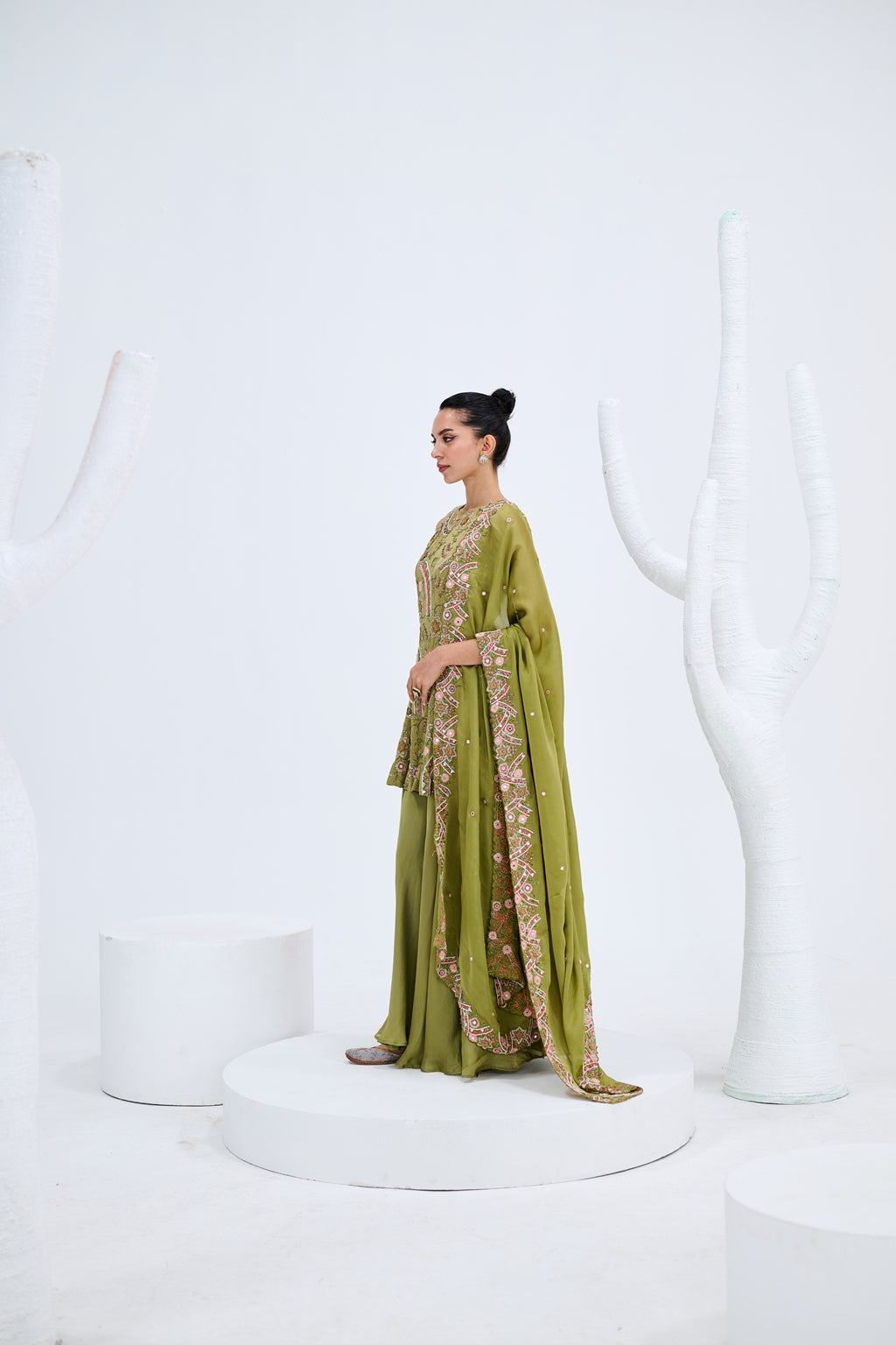 OLIVE GREEN SHARARA PAIRED WITH CUT WORK DUPATTA