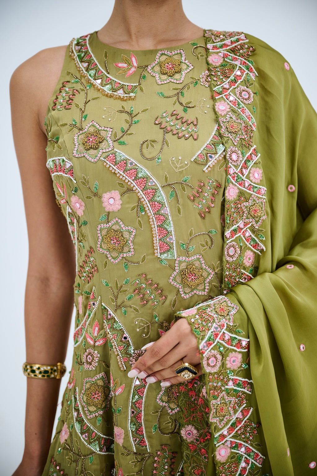 OLIVE GREEN SHARARA PAIRED WITH CUT WORK DUPATTA