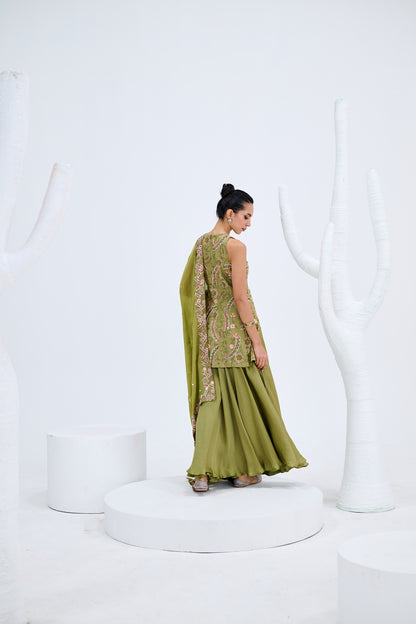 OLIVE GREEN SHARARA PAIRED WITH CUT WORK DUPATTA