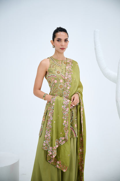 OLIVE GREEN SHARARA PAIRED WITH CUT WORK DUPATTA