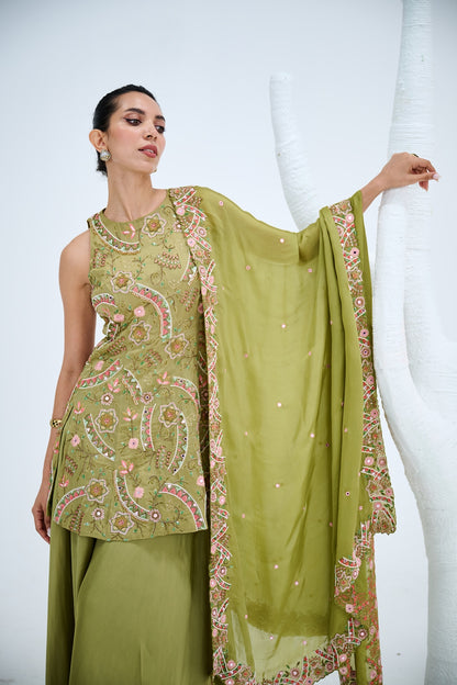 OLIVE GREEN SHARARA PAIRED WITH CUT WORK DUPATTA