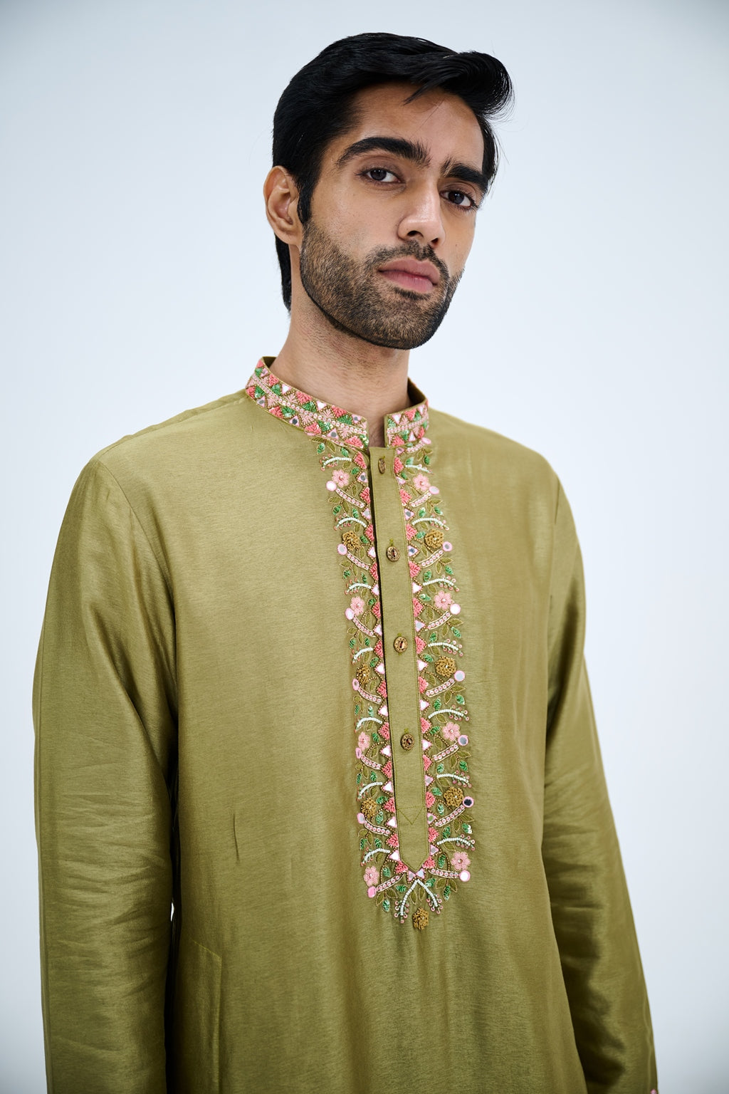 OLIVE GREEN EMBROIDERED KURTA SET WITH WHITE PANTS