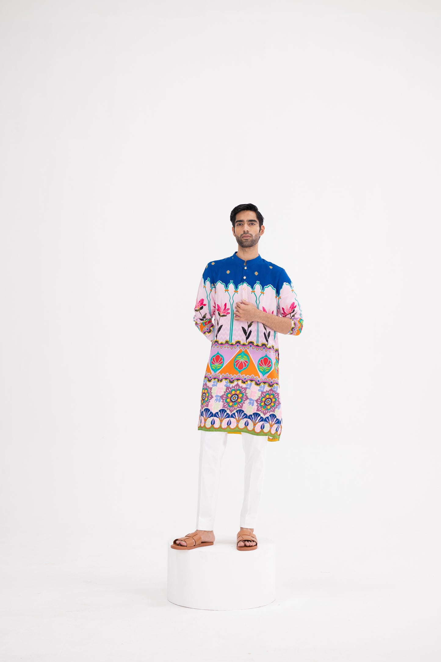 Blue Lotus Print Kurta Paired With White Pants