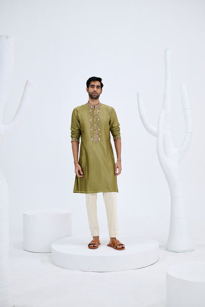 OLIVE GREEN EMBROIDERED KURTA SET WITH WHITE PANTS