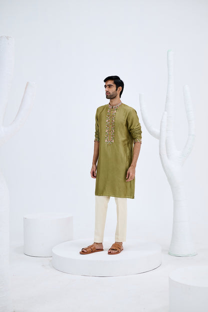 OLIVE GREEN EMBROIDERED KURTA SET WITH WHITE PANTS