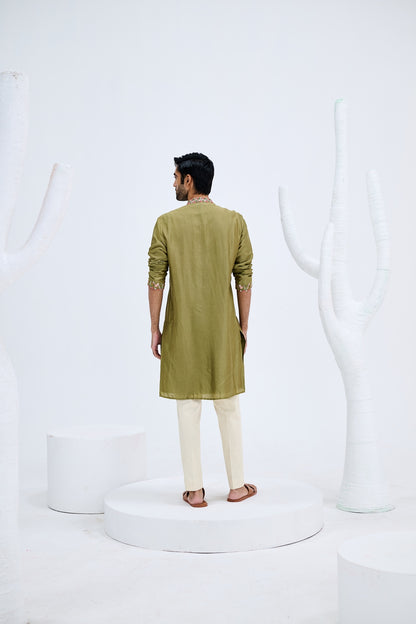 OLIVE GREEN EMBROIDERED KURTA SET WITH WHITE PANTS