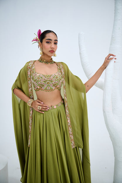 OLIVE GREEN LEHENGA PAIRED WITH EMBROIDERED BUSTIER AND CAPE SET