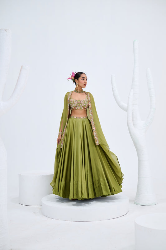 OLIVE GREEN LEHENGA PAIRED WITH EMBROIDERED BUSTIER AND CAPE SET